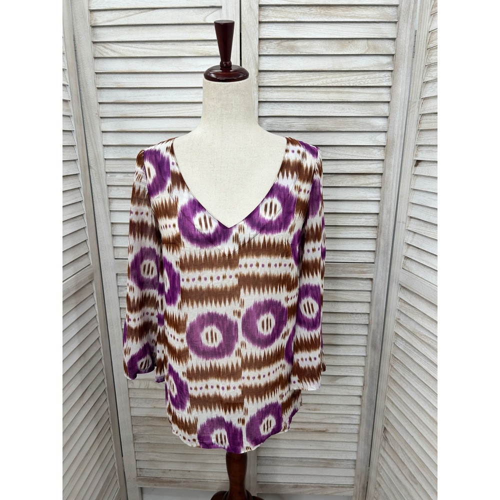Trina Turk Ikat Top Size Small Purple Brown Boho Resort Coastal Y2K Blouse